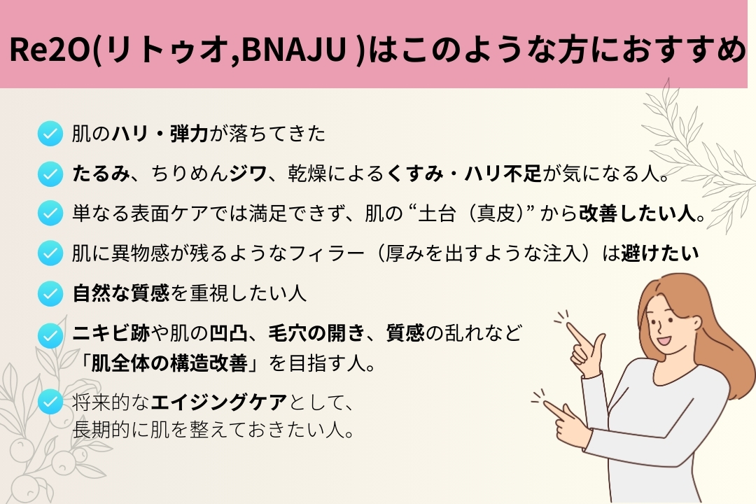 「Re2O(リトゥオ)はこのような方におすすめ」
・肌のハリ・弾力が落ちてきた

・たるみ、ちりめんジワ、乾燥によるくすみ・ハリ不足が気になる人。

・単なる表面ケアでは満足できず、肌の “土台（真皮）” から改善したい人。

・肌に異物感が残るようなフィラー（厚みを出すような注入）は避けたい

・自然な質感を重視したい人。

・ニキビ跡や肌の凹凸、毛穴の開き、質感の乱れなど「肌全体の構造改善」を目指す人。

・将来的なエイジングケアとして、長期的に肌を整えておきたい人。
