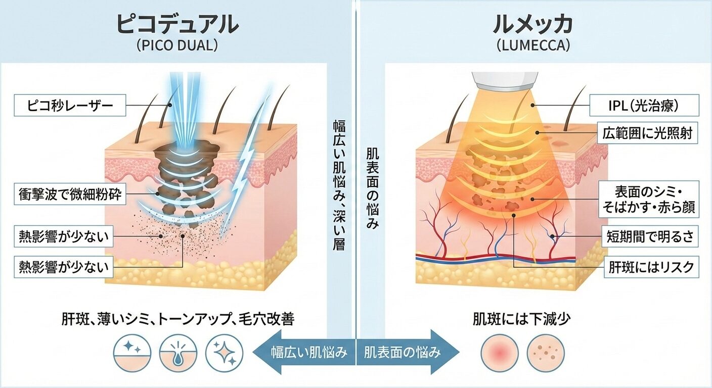 ピコデュアルとルメッカの比較解説図。左側には青いレーザーを用いるピコデュアルの仕組み(衝撃波によるメラニンの微細粉砕、深い層へのアプローチ、肝斑・毛穴改善など)が描かれ、右側にはオレンジの光を用いるルメッカの仕組み(IPLによる広範囲照射、肌表面のシミ・そばかす・赤ら顔への効果、肝斑へのリスクなど)が、肌の断面イラストと共に示されています。