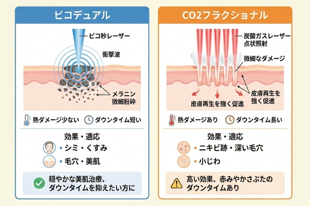 ピコデュアルレーザーとCO2フラクショナルレーザーの比較図。ピコデュアルは低刺激でダウンタイムが短く、シミ・くすみ・毛穴改善を目的とした美容皮膚科治療であることを解説。