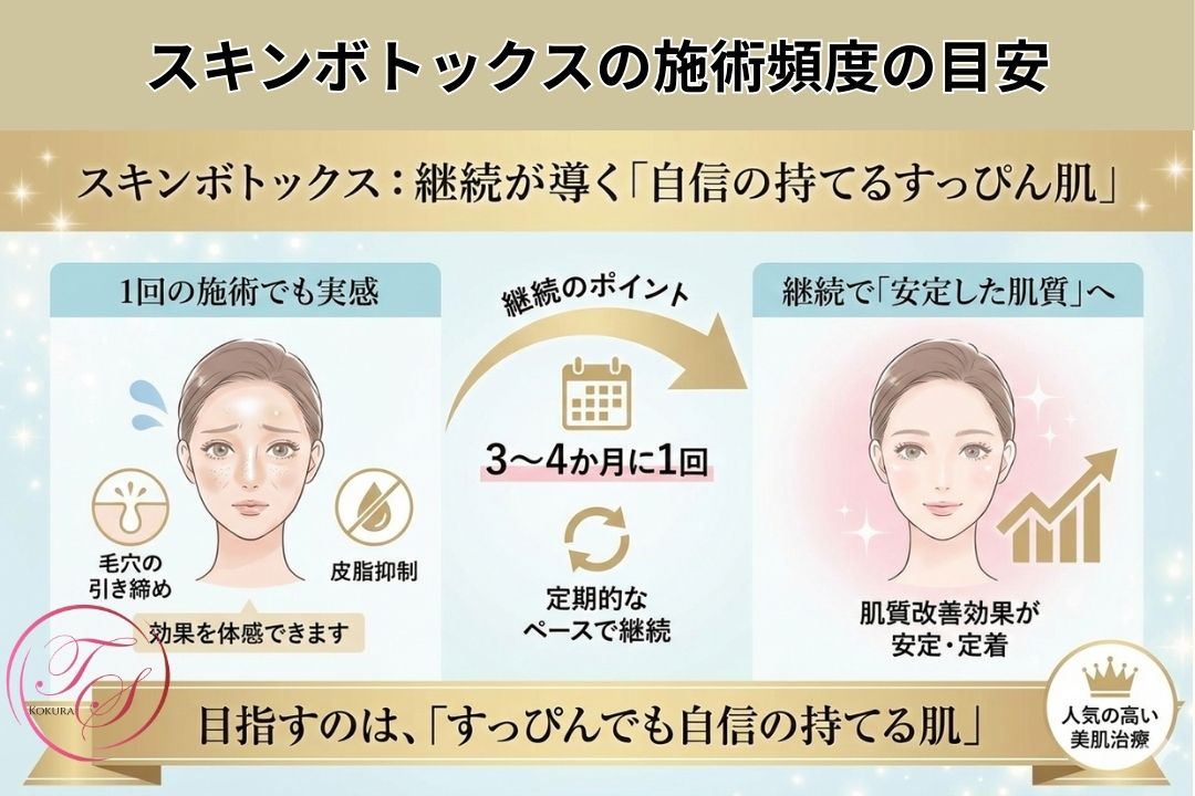 スキンボトックスの効果の経過を示すタイムライン図。タイトルは「スキンボトックス効果の現れ方と持続期間」。施術当日から数日〜10日程度で徐々に効果を感じ始め、3〜4か月ほど効果が持続し自然に肌質が整う様子をグラフで解説。その後、効果は徐々に薄れます。下部には「即効性はないが時間をかけて自然に仕上がる」「効果には個人差がある」という注釈があります。