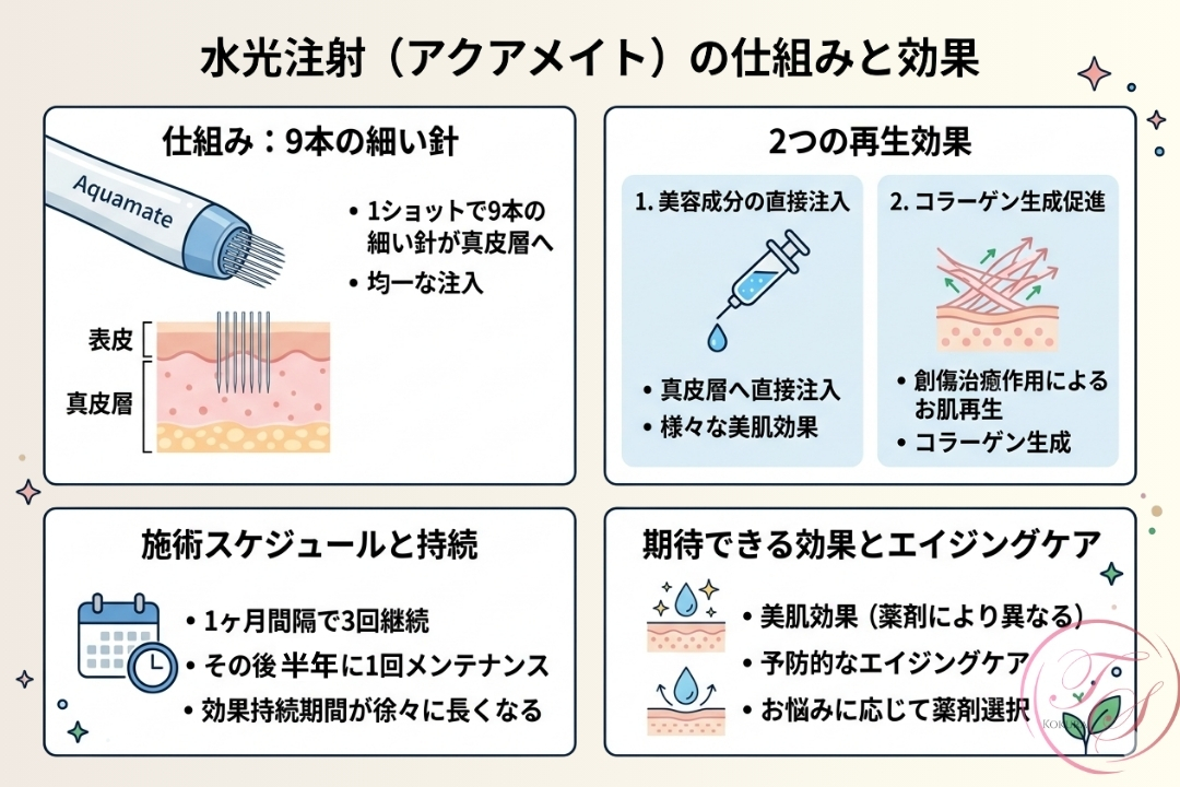 水光注射（アクアメイト）の仕組みと効果を解説するインフォグラフィック。真皮層へ9本の細い針で美容成分を均一に直接注入し、コラーゲン生成を促進する2つの再生効果を図解。1ヶ月間隔で3回、その後半年に1回のメンテナンスという施術スケジュールや、予防的なエイジングケア、お悩みに応じた薬剤選択などの期待できる効果を説明しています。（トータルスキンクリニック小倉院）