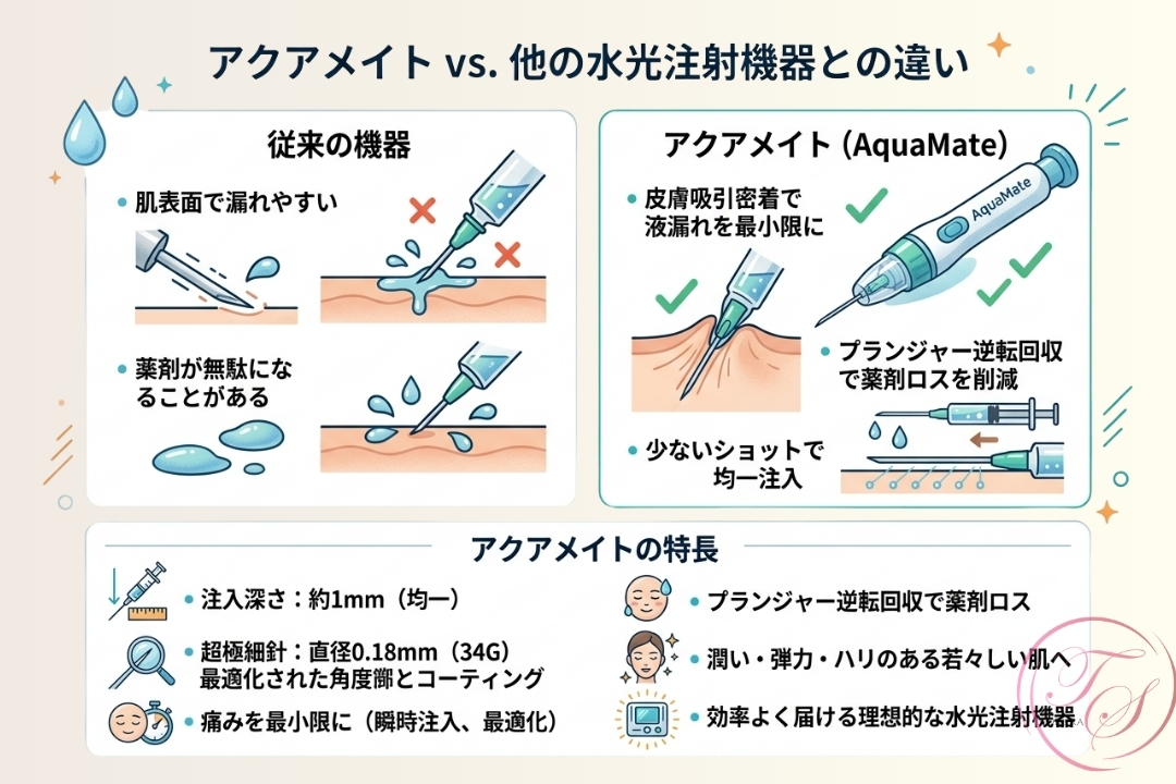 水光注射機器『アクアメイト』と従来機器の比較図。従来機器は肌表面での薬剤漏れが多いが、アクアメイトは皮膚吸引密着とプランジャー逆転回収により、液漏れとロスを最小限に抑える。少ないショットで均一注入。下部には、注入深さ約1mm、34G極細針、痛み最小限、潤い・弾力・ハリのある肌効果、効率的な薬剤デリバリーといったアクアメイトの特長を解説。（トータルスキンクリニック小倉院）