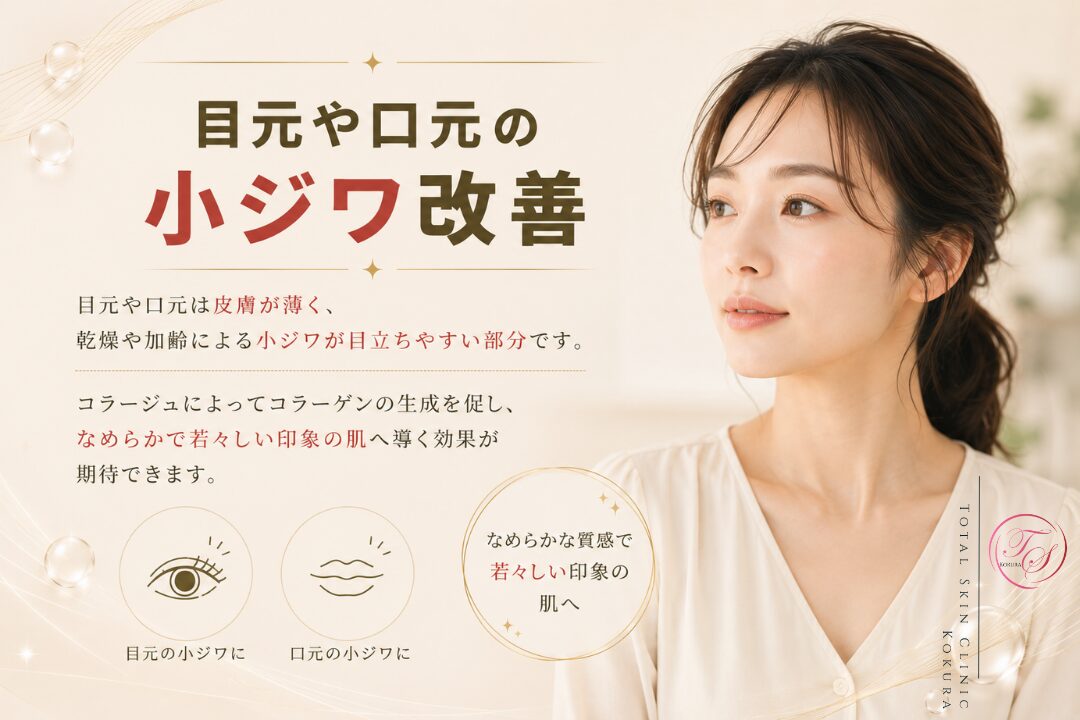 コラージュがコラーゲン生成を支え、目元や口元の小ジワをなめらかに整えて、自然で若々しい印象の肌へ導くイメージ画像。（トータルスキンクリニック小倉院）