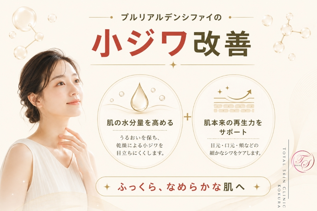 プルリアルデンシファイが肌の水分量と再生力を支え、乾燥による目元・口元・頬の小ジワを整えて、ふっくらなめらかな肌へ導くイメージを表現したトータルスキンクリニック小倉院の画像。