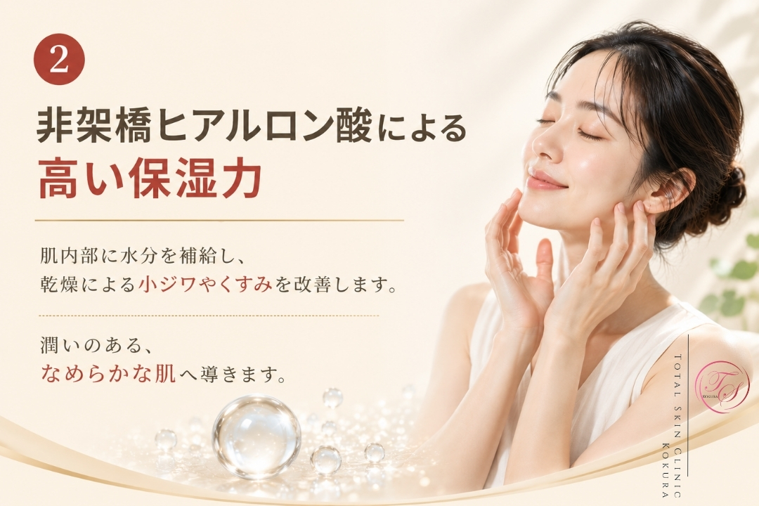 非架橋ヒアルロン酸が肌内部に水分を補い、乾燥による小ジワやくすみを整えて、潤いのあるなめらかな肌へ導くイメージを表現したトータルスキンクリニック小倉院の画像。